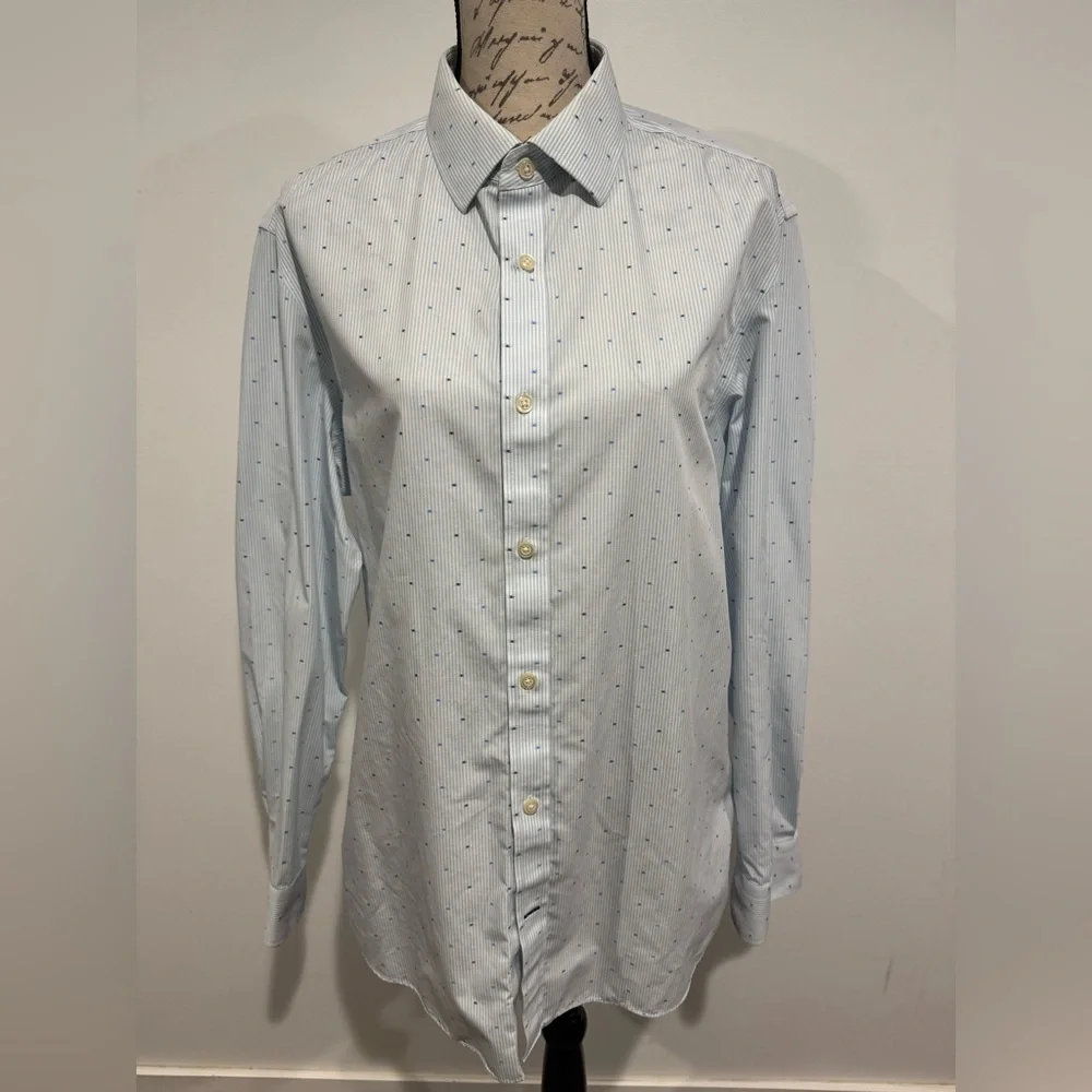 Banana Republic Slim Fit Button Up Shirt Men's Large White Blue Stripe Dots